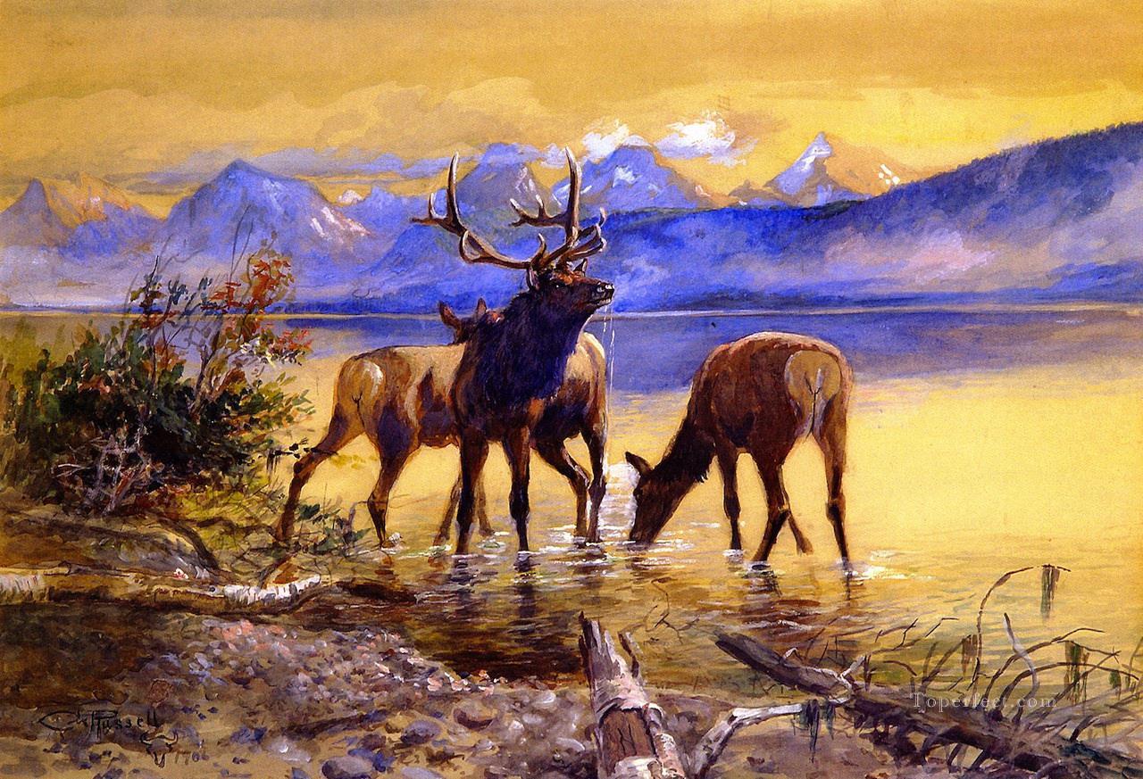 elk in lake mcdonald 1906 Charles Marion Russell Indiana cowboy Oil Paintings